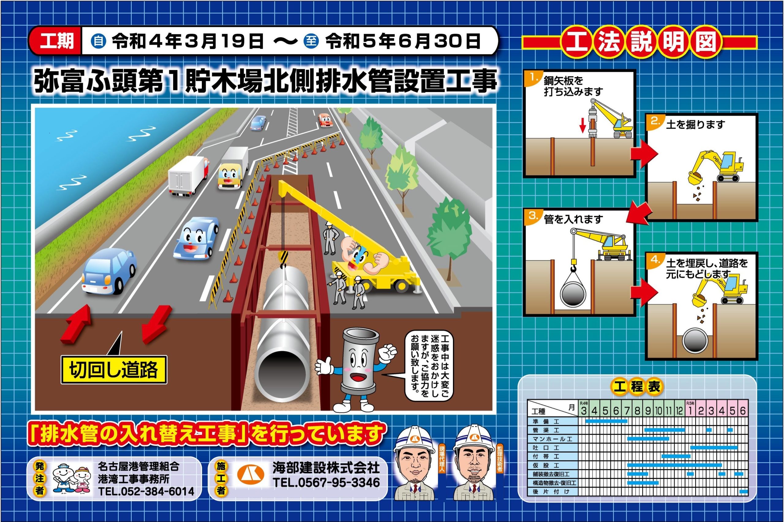 海部建設株式会社の港湾工事(弥富ふ頭第1貯木場北側排水管設置工事)