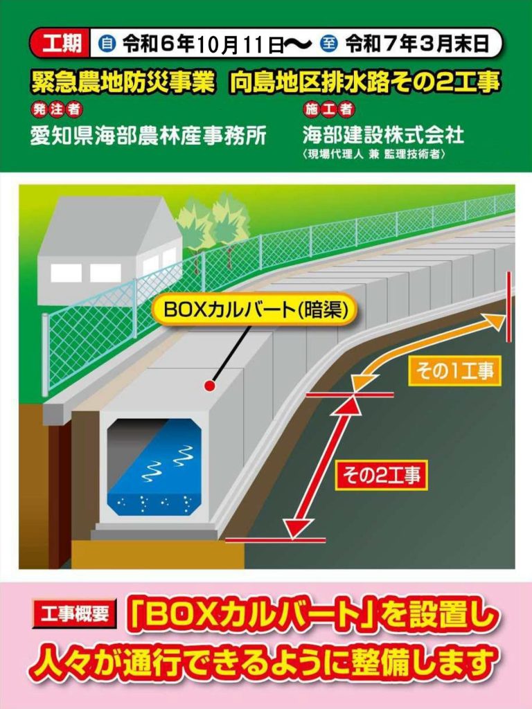 海部建設株式会社の農業農村整備工事（緊急農地防災事業 向島地区 その１工事 / 排水路その２工事）
