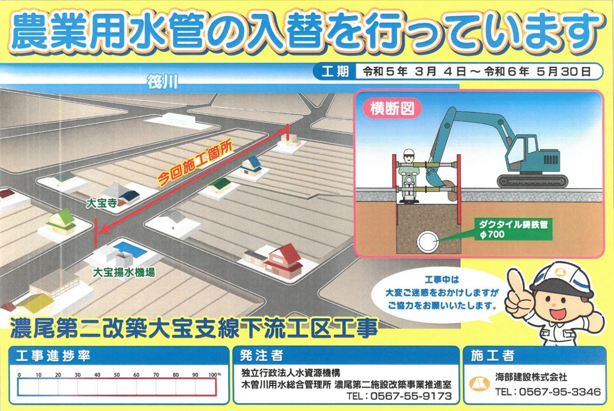 海部建設株式会社の農業農村整備工事（濃尾第二改築大宝支線下流工区工事）